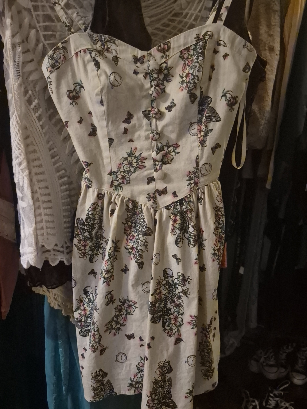 Hell Bunny Cream Floral & Butterfly Button-Front Mini Dress